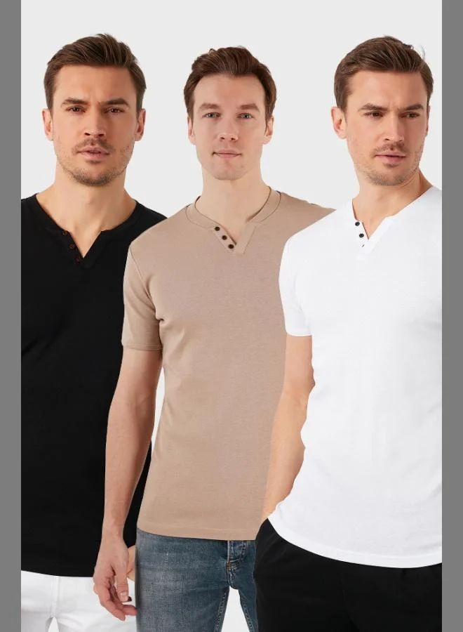 Buratti Buratti Cotton Button Detailed Slim Fit V-Neck 3-Pack T-Shirt Men's T-SHIRT 5902122S3